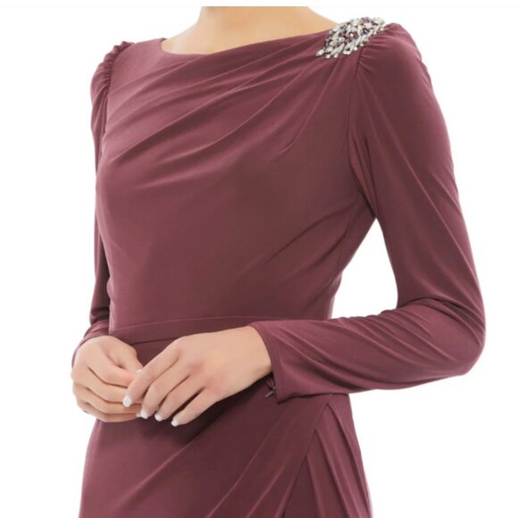 MAC DUGGAL 55695 BOAT NECK JERSEY STRETCH EMBELLISHED SHOULDER MAUVE GOWN sz 6 - Picture 2 of 5